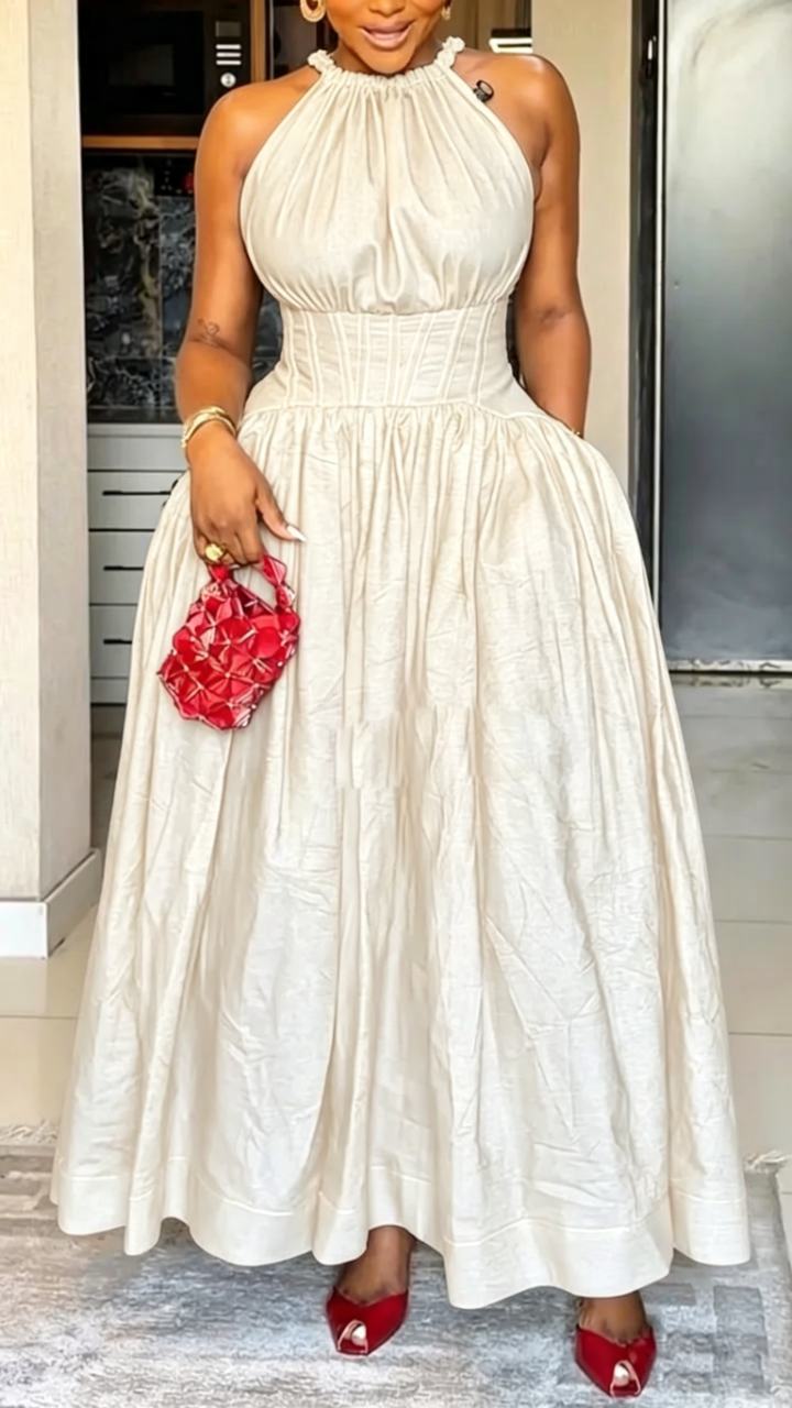 Women Round Neck Sleeveless Waist Cinched Elegant Temperament Dress