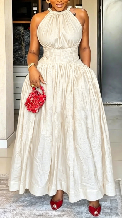 Women Round Neck Sleeveless Waist Cinched Elegant Temperament Dress