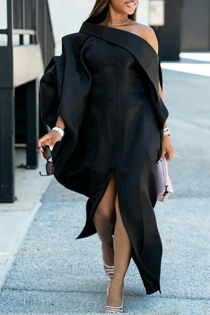 Women Slanted Neck Slit Elegant Temperament Dinner Party Style Maxi Dresses