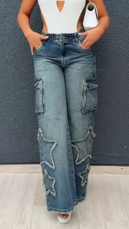 Women High-waisted Patchwork Star Wash Casual Jeans