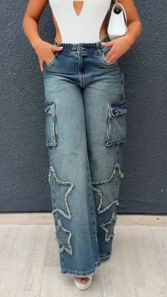 Women High-waisted Patchwork Star Wash Casual Jeans