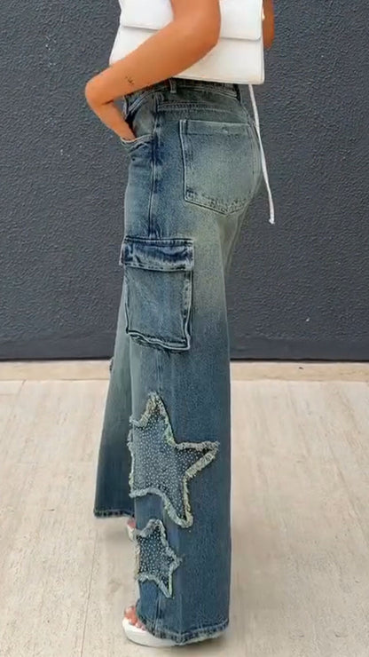 Women High-waisted Patchwork Star Wash Casual Jeans