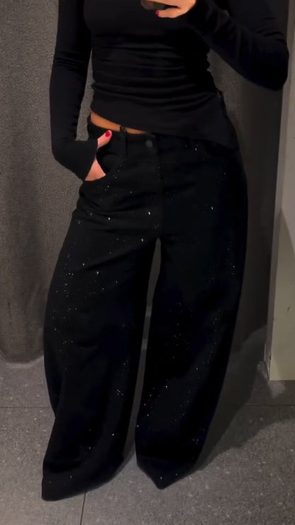 Women Hot Rhinestone Stamping Glitter Casual Jeans