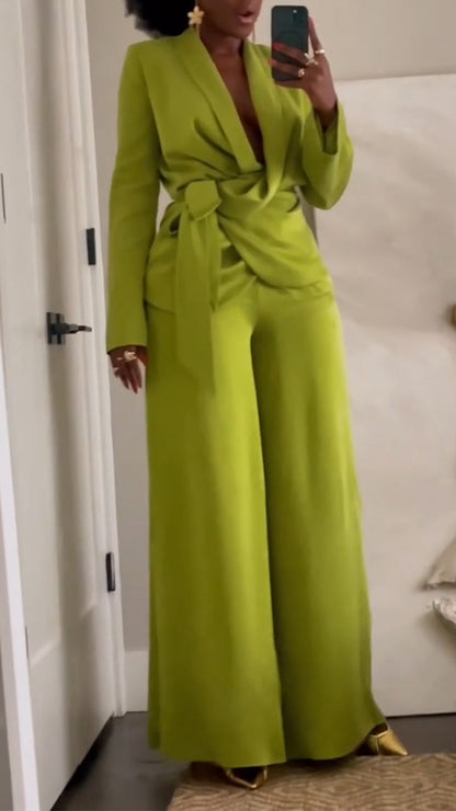 Women Collar Jacket+ Pants Solid Color Temperament Commuting Suit