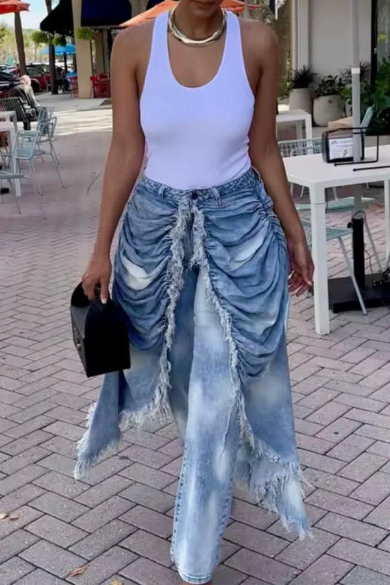 Women Patchwork Washed Tassel Casual Jeans