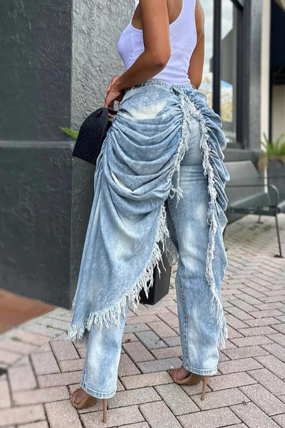 Women Patchwork Washed Tassel Casual Jeans