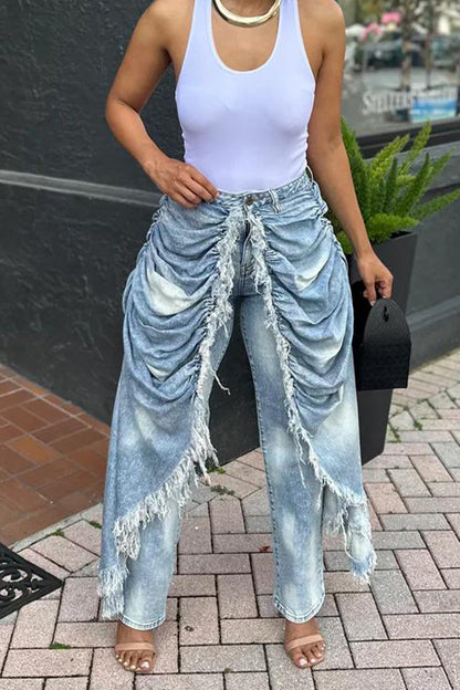 Women Patchwork Washed Tassel Casual Jeans