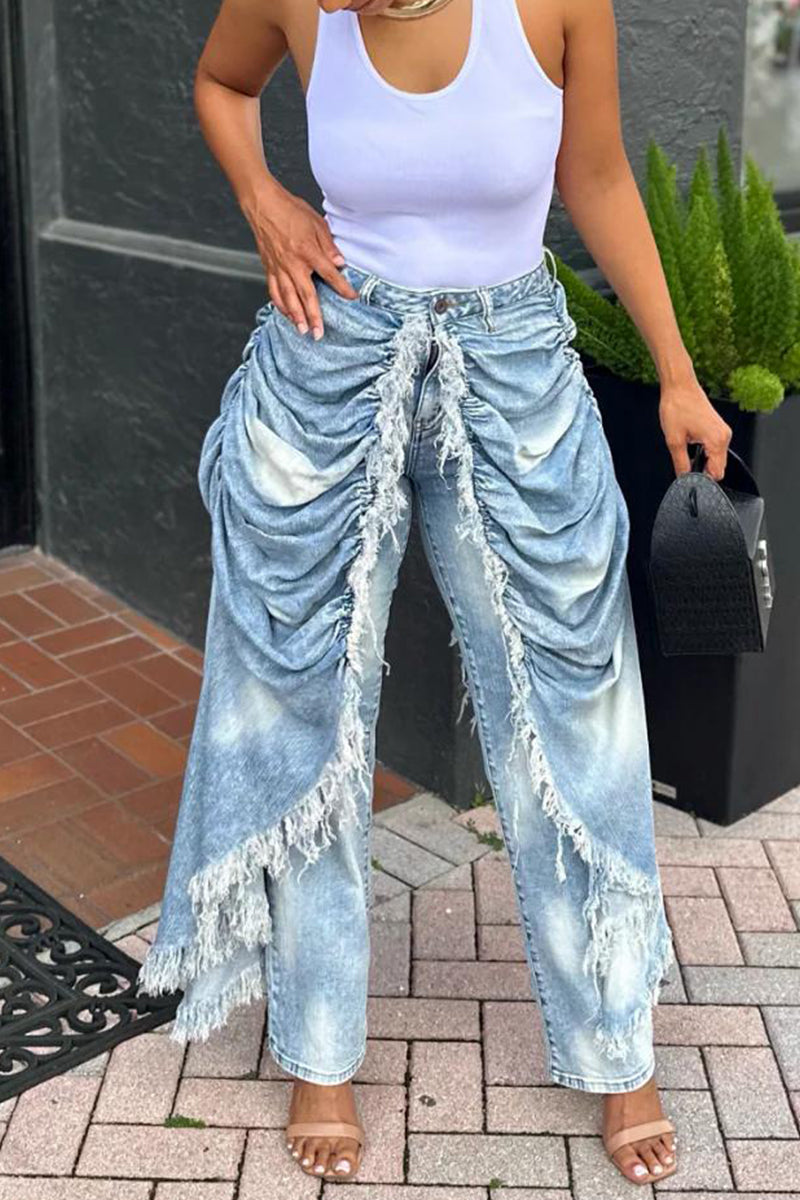 Women Patchwork Washed Tassel Casual Jeans
