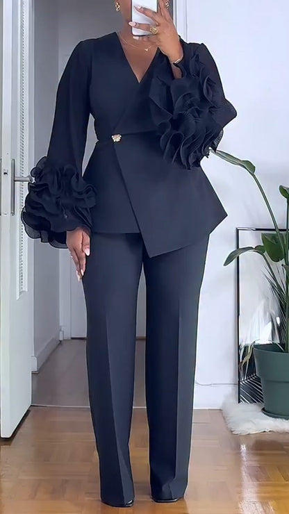 Women V-neck Ruffled Bubble Sleeve Jacket+ Pants Solid Color Temperament Commuting Set