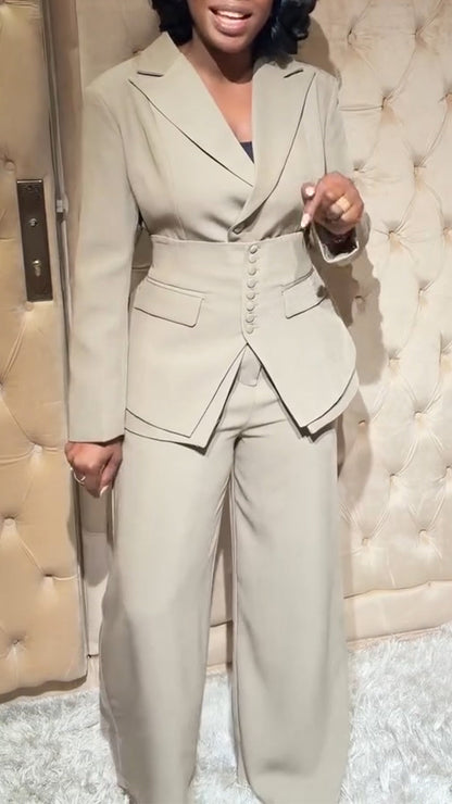 Women Collar Tie Waist Cinching Temperament Commuting Three Piece Set