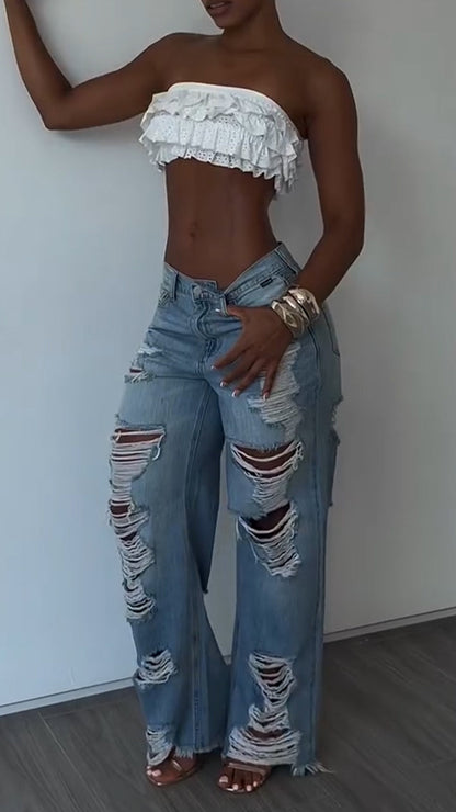 Women Ripped Scratch Casual Jeans