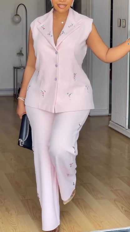 Women Collar Sleeveless Rhinestone Patterned Jacket + Pants Temperament Commuting Set