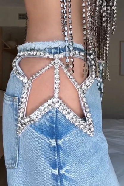 Women's Fashion Waist Cutout Rhinestone Jeans