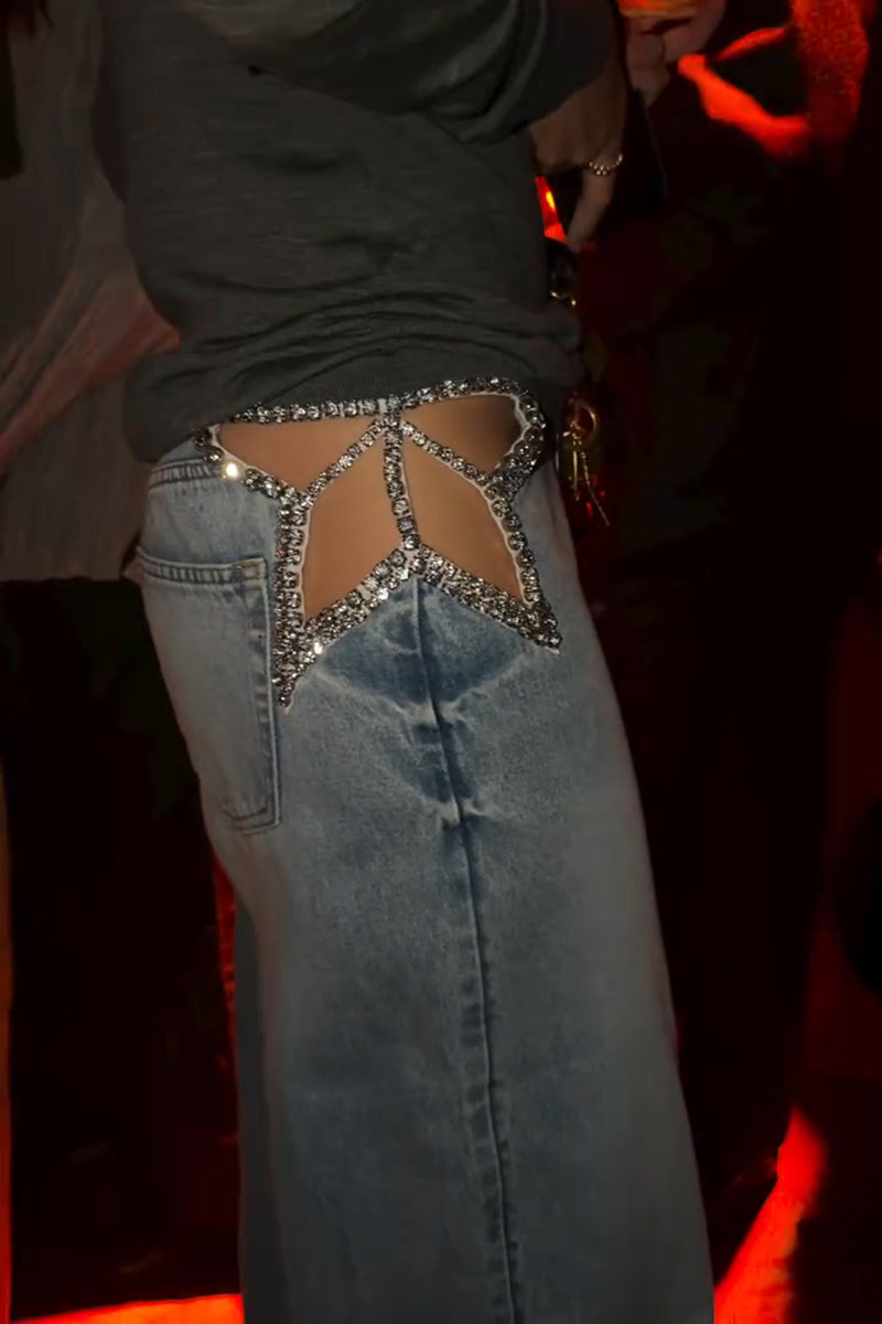 Women's Fashion Waist Cutout Rhinestone Jeans