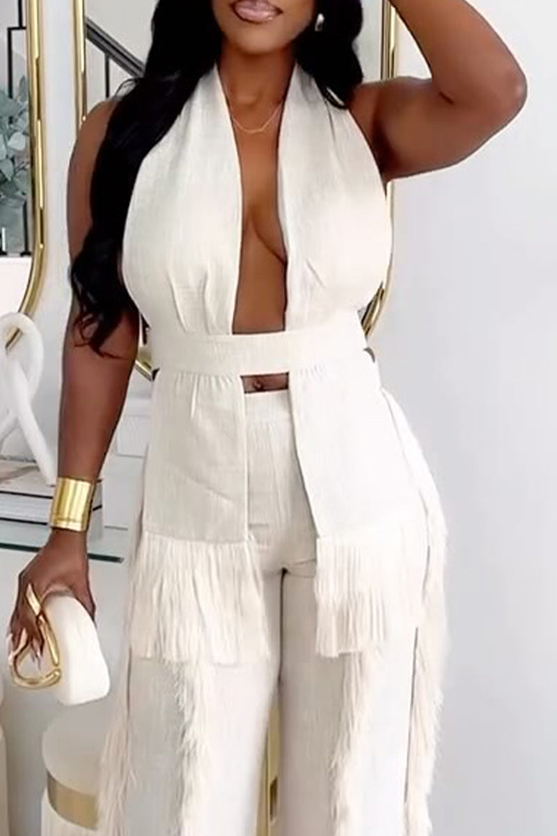 Women's Linen Textured Fringe Trim Halter Vest and Pants