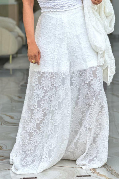 Women's Sheer Lace Long-Sleeve Top Or Wide-Leg Pants