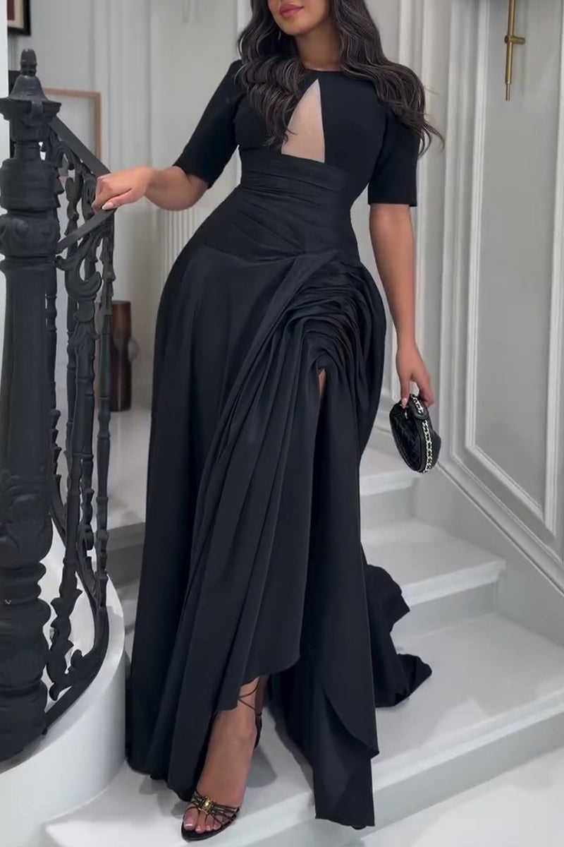 Women's Elegant Pleated Slit Hem Maxi Dress