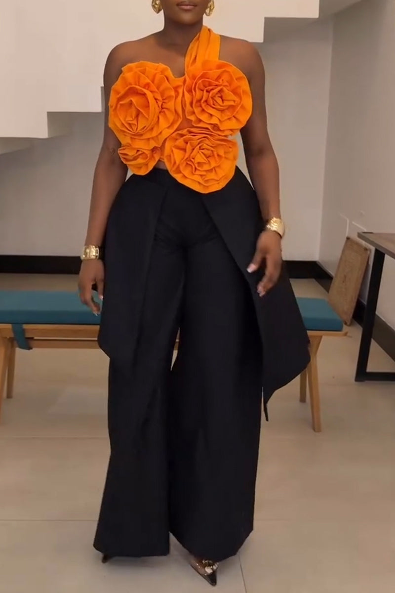 Women's Fashion 3D Floral Trim Vest Layered Pants Set