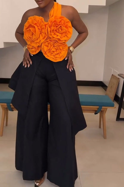 Women's Fashion 3D Floral Trim Vest Layered Pants Set
