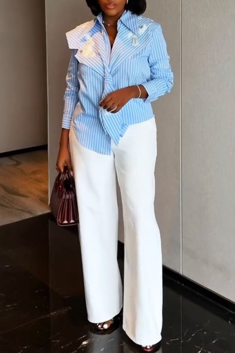 Women Casual Collar Vertical Striped Shirt or White Wide Leg Pants