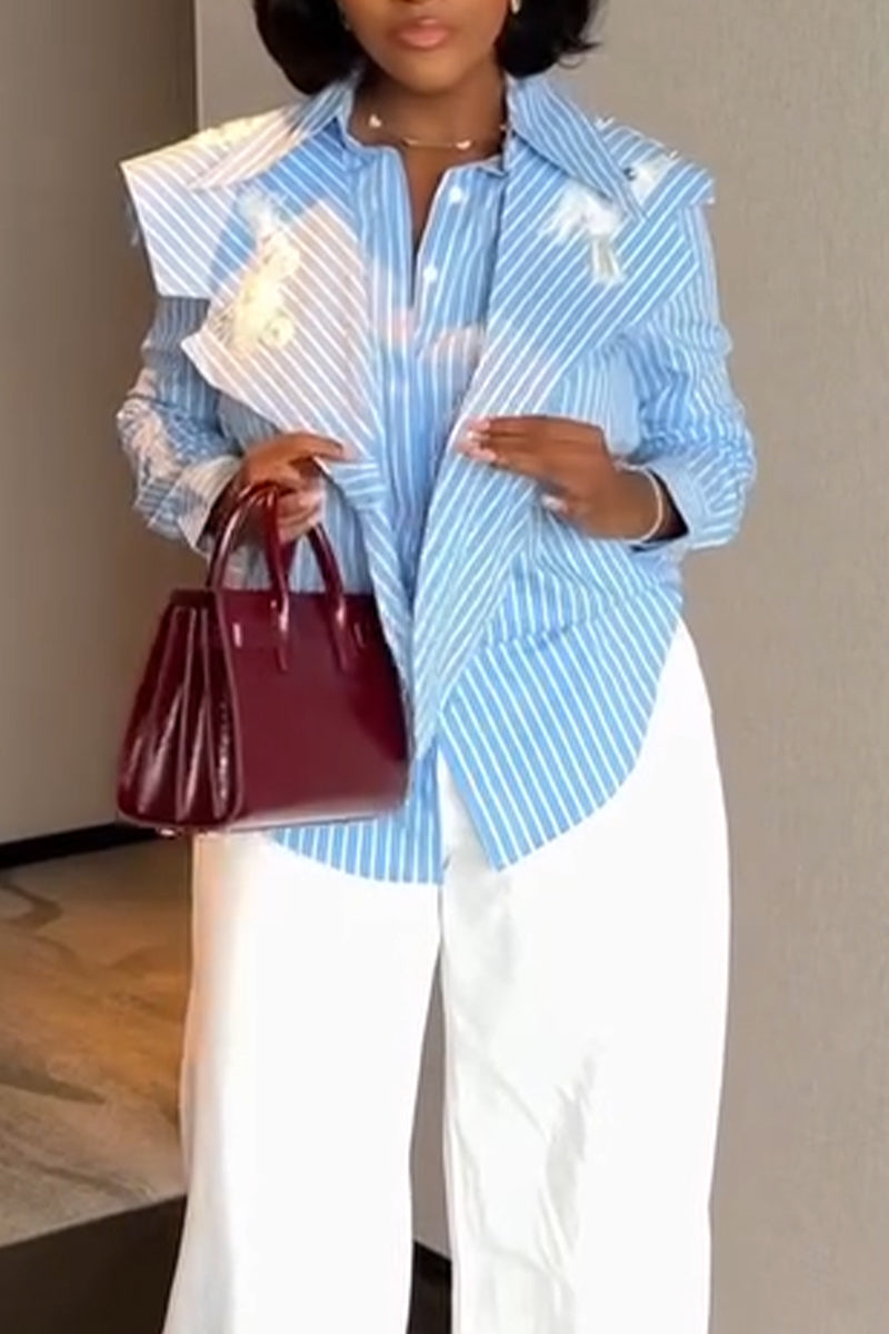Women Casual Collar Vertical Striped Shirt or White Wide Leg Pants