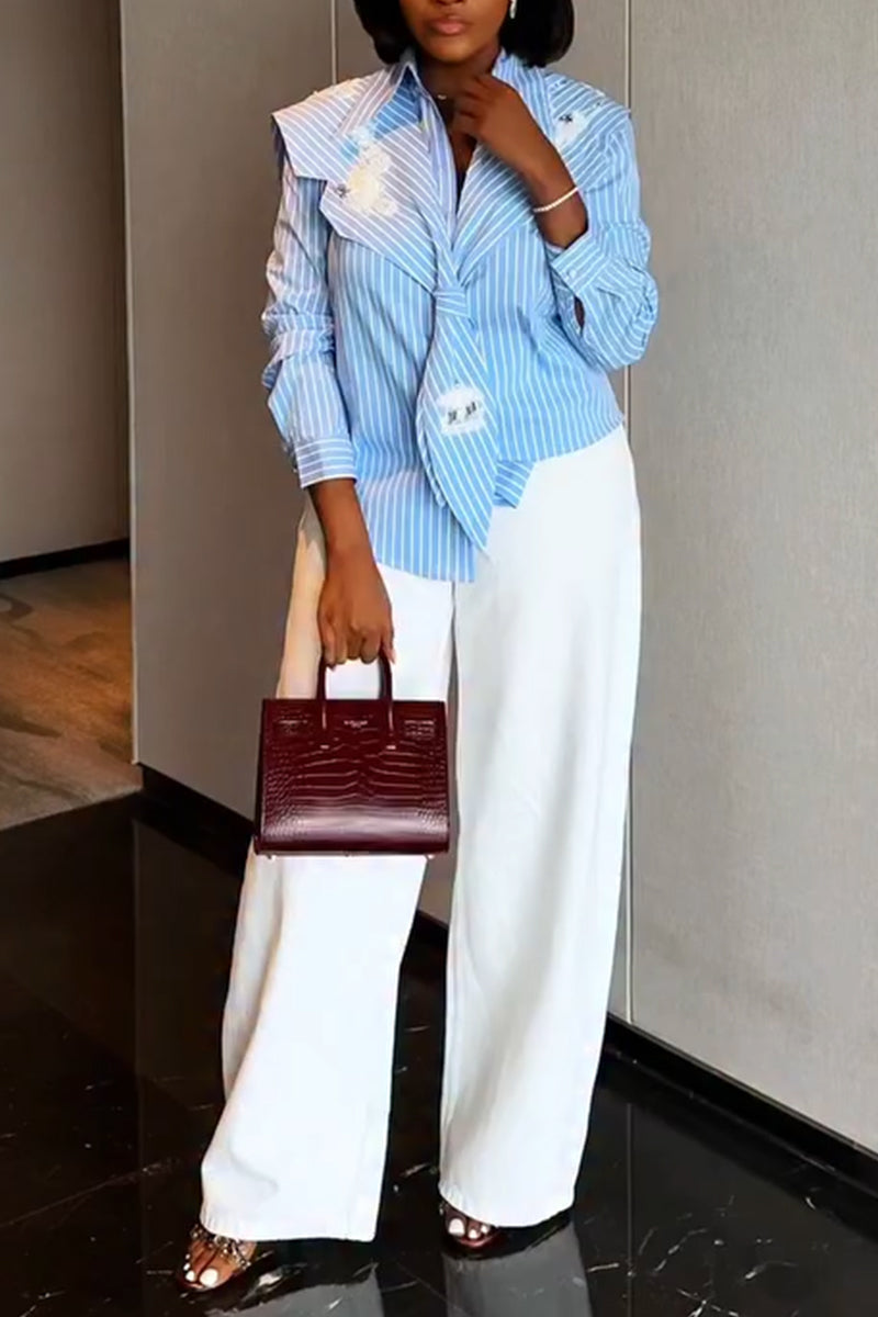 Women Casual Collar Vertical Striped Shirt or White Wide Leg Pants