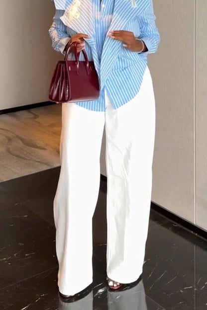 Women Casual Collar Vertical Striped Shirt or White Wide Leg Pants