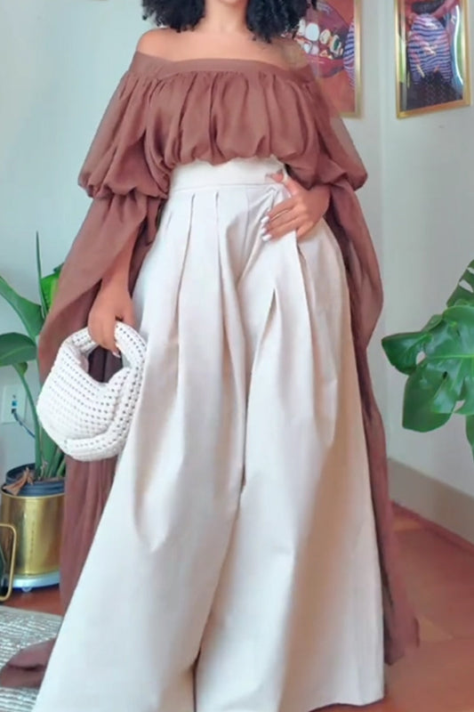 Women's Off The Shoulder Long Resort Top or High Waisted Loose Fitting Wide Leg Trousers