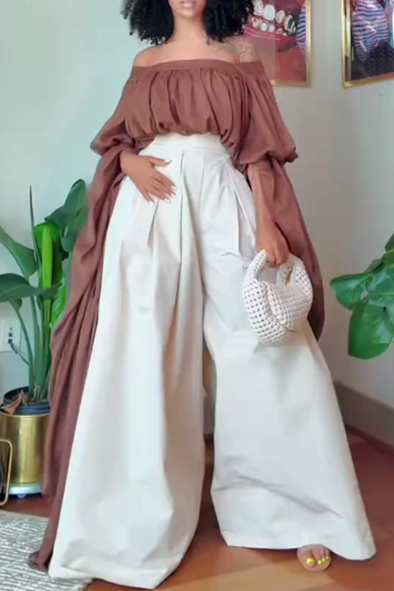 Women's Off The Shoulder Long Resort Top or High Waisted Loose Fitting Wide Leg Trousers