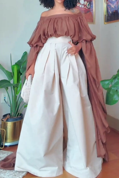 Women's Off The Shoulder Long Resort Top or High Waisted Loose Fitting Wide Leg Trousers