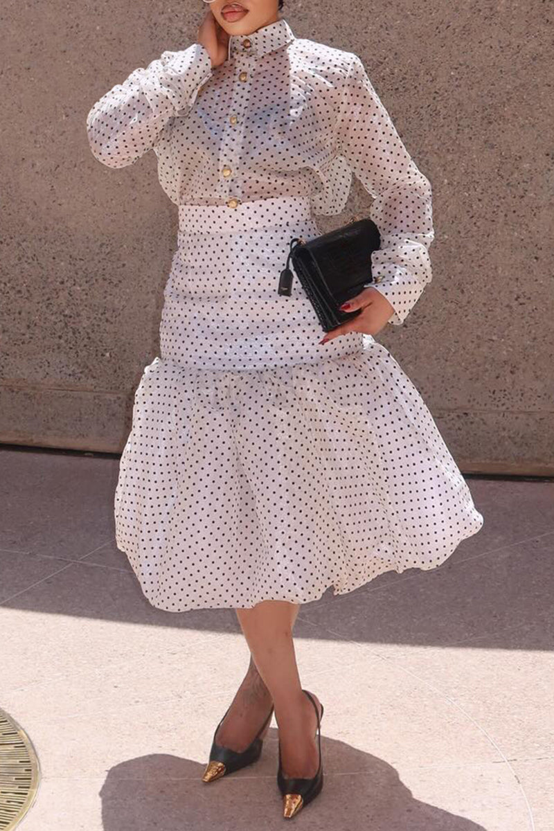 Women's Elegant Polka Dot Blouse Balloon Hem Skirt Set
