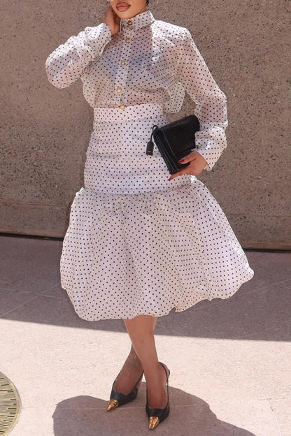 Women's Elegant Polka Dot Blouse Balloon Hem Skirt Set