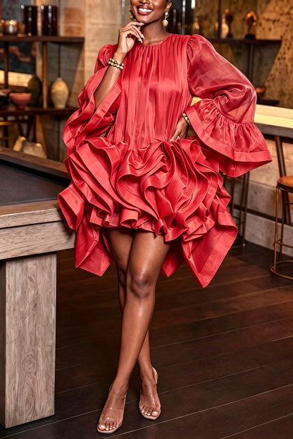 Women's Elegant Flounce Sleeve Multi Tiered Hem Layered Romantic Dress