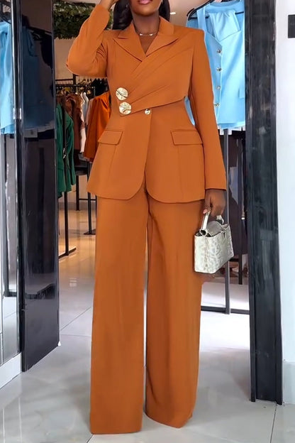 Women Collar Splicing Jacket+ Wide Leg Pants Temperament Commuting Formal Suit