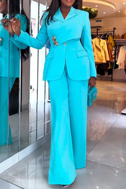 Women Collar Splicing Jacket+ Wide Leg Pants Temperament Commuting Formal Suit