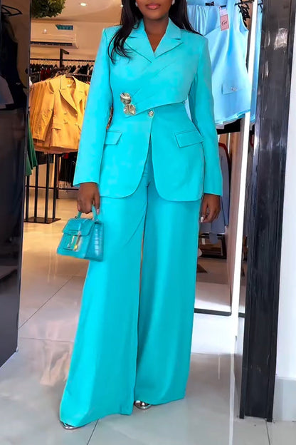 Women Collar Splicing Jacket+ Wide Leg Pants Temperament Commuting Formal Suit