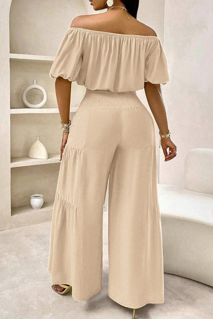 Women's Elastic Off Shoulder Puff Sleeve Loose Crop Blouse Or High Waist Smocked Bow Tie Front Tiered Flowy Wide Leg Pants