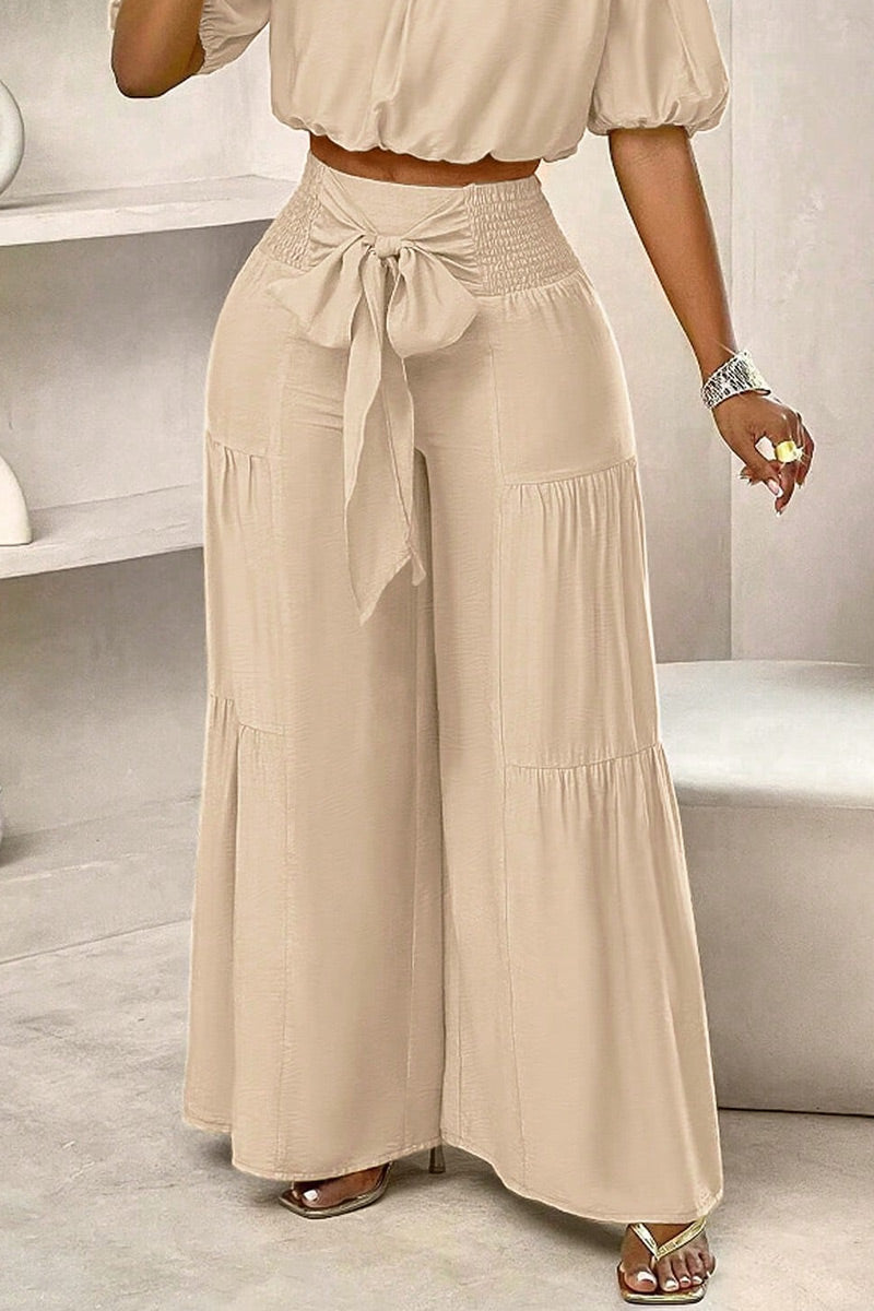Women's Elastic Off Shoulder Puff Sleeve Loose Crop Blouse Or High Waist Smocked Bow Tie Front Tiered Flowy Wide Leg Pants