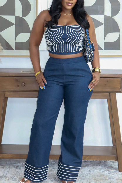 Women's Strapless Form Fitting Color Block Print Sexy Vacation Top Or Color Block Wide Leg Trousers