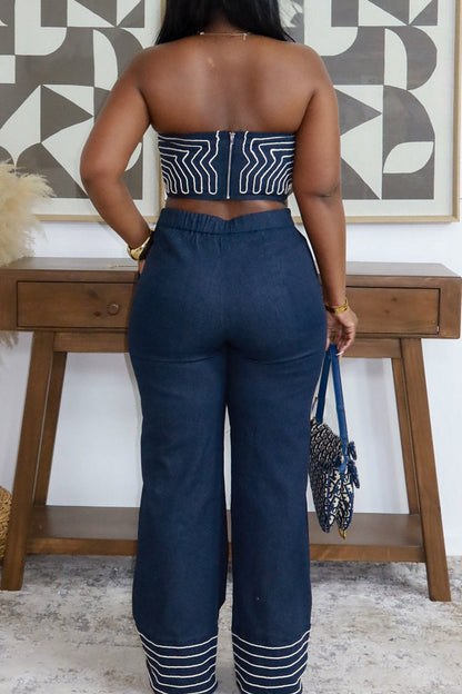 Women's Strapless Form Fitting Color Block Print Sexy Vacation Top Or Color Block Wide Leg Trousers