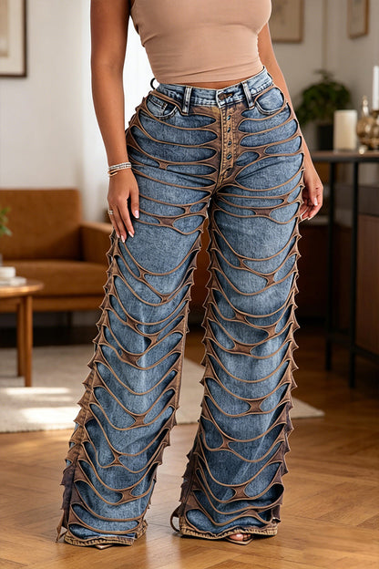 Women's Patchwork Washed Casual Wide Leg Jeans