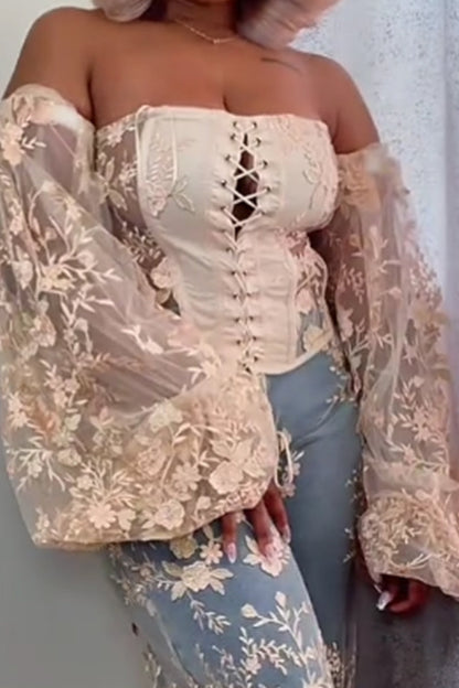 Women's Elegant Lace Up Embroidered Puff Sleeve Top Or Embroidered Wide Leg Jeans