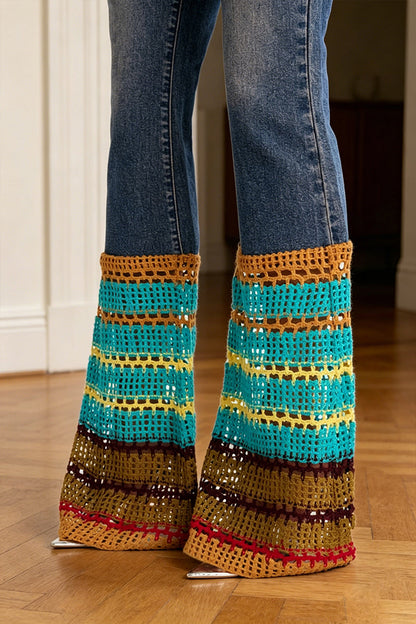 Women's Washed Water Spliced Knitted Hollow Casual Jeans