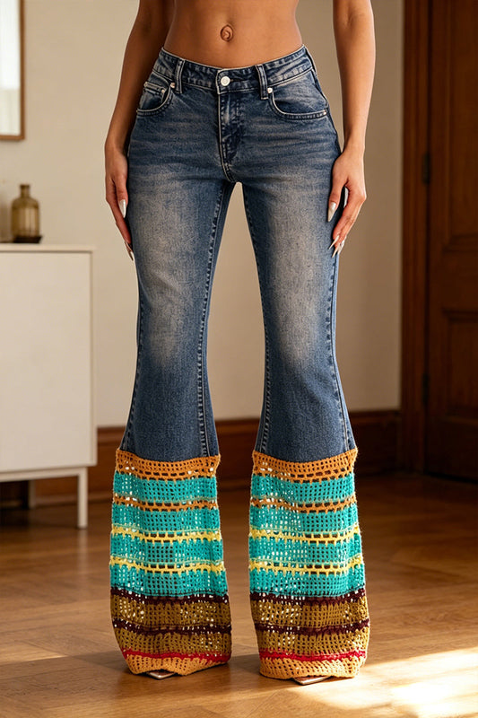 Women's Washed Water Spliced Knitted Hollow Casual Jeans