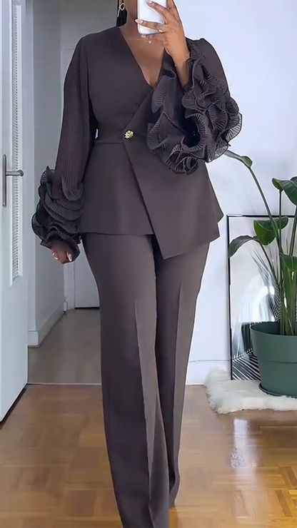 Women V-neck Ruffled Bubble Sleeve Jacket+ Pants Solid Color Temperament Commuting Set