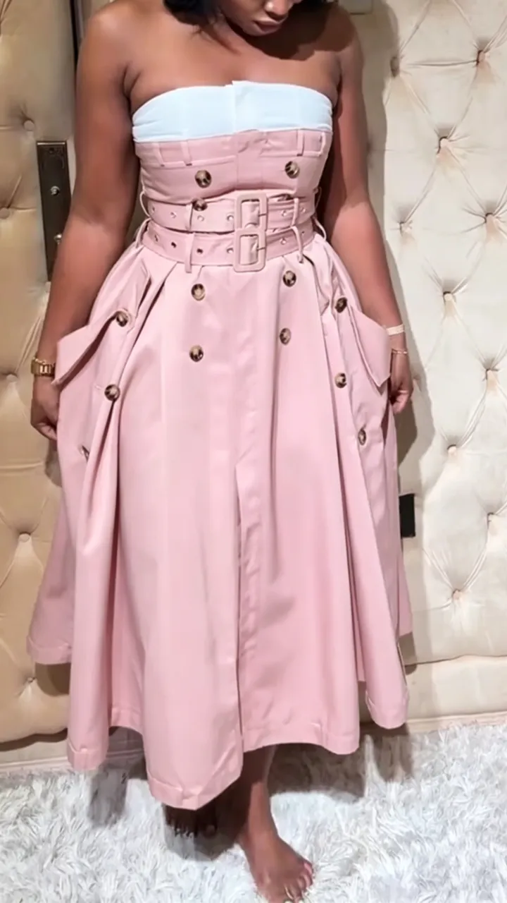 Women Strapless Sleeveless Patchwork Double Breasted Elegant Temperament Dress