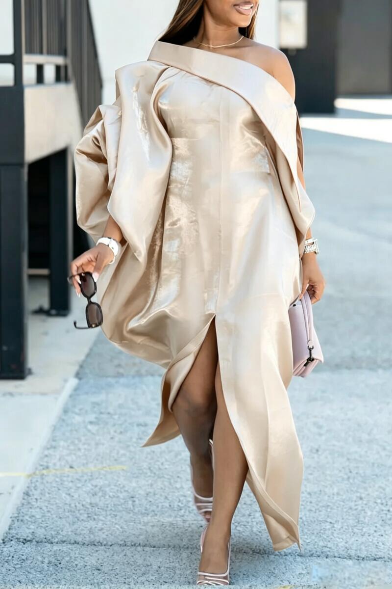 Women Slanted Neck Slit Elegant Temperament Dinner Party Style Maxi Dresses
